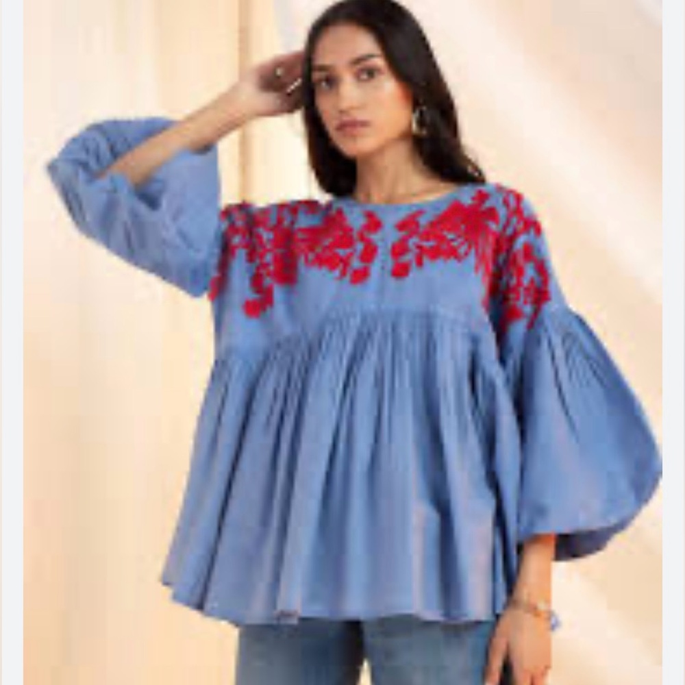 Anthropologie Hemant & Nandita Lianna Blouse Top Shirt Womens XSmall Blue Red